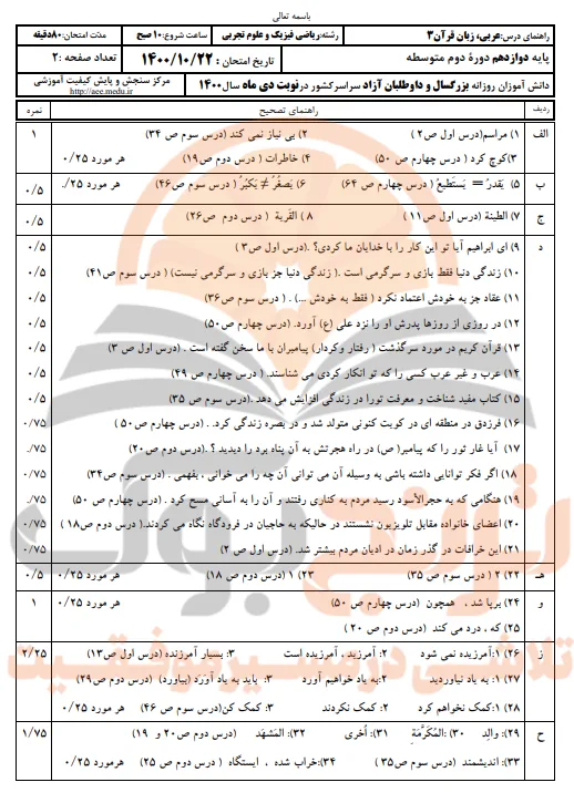نمونه سوالات امتحان نهایی عربی دوازدهم تجربی، ریاضی