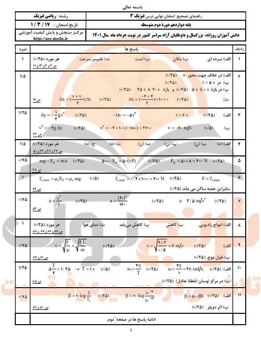 نمونه سوالات امتحان نهایی فیزیک دوازدهم ریاضی