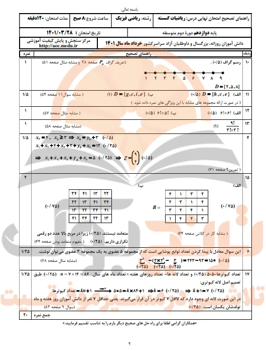 نمونه سوالات امتحان نهایی گسسته دوازدهم ریاضی