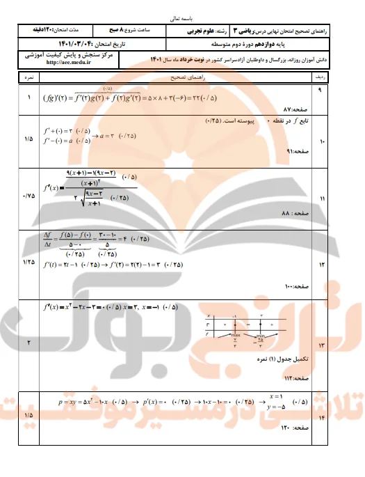 نمونه سوالات امتحان نهایی ریاضی دوازدهم تجربی