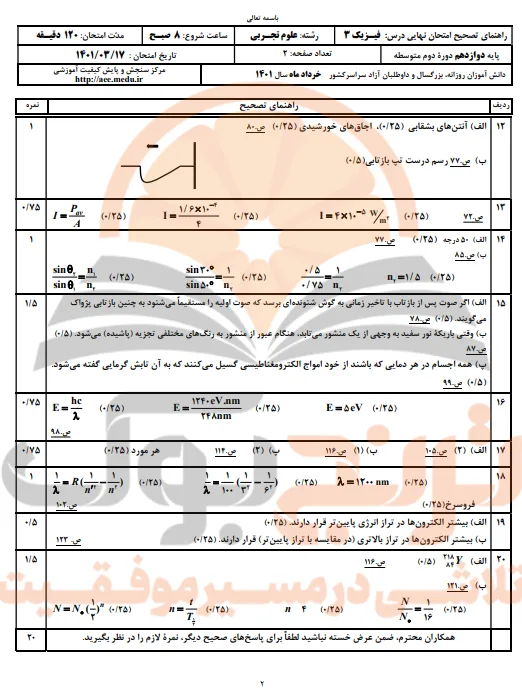 نمونه سوالات امتحان نهایی فیزیک دوازدهم تجربی