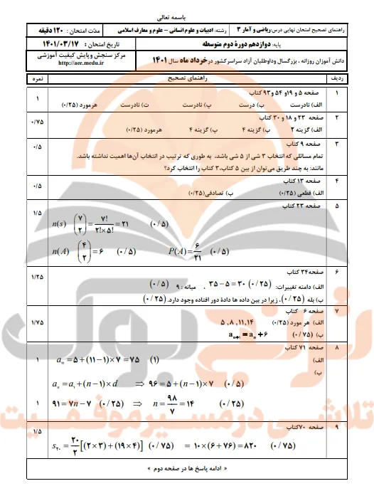 نمونه سوالات امتحان نهایی ریاضی و آمار دوازدهم انسانی