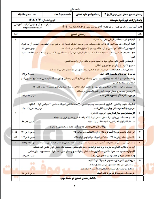 نمونه سوالات امتحان نهایی تاریخ دوازدهم انسانی