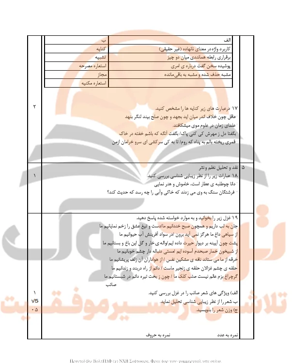 نمونه سوالات امتحانی علوم و فنون ادبی یازدهم انسانی